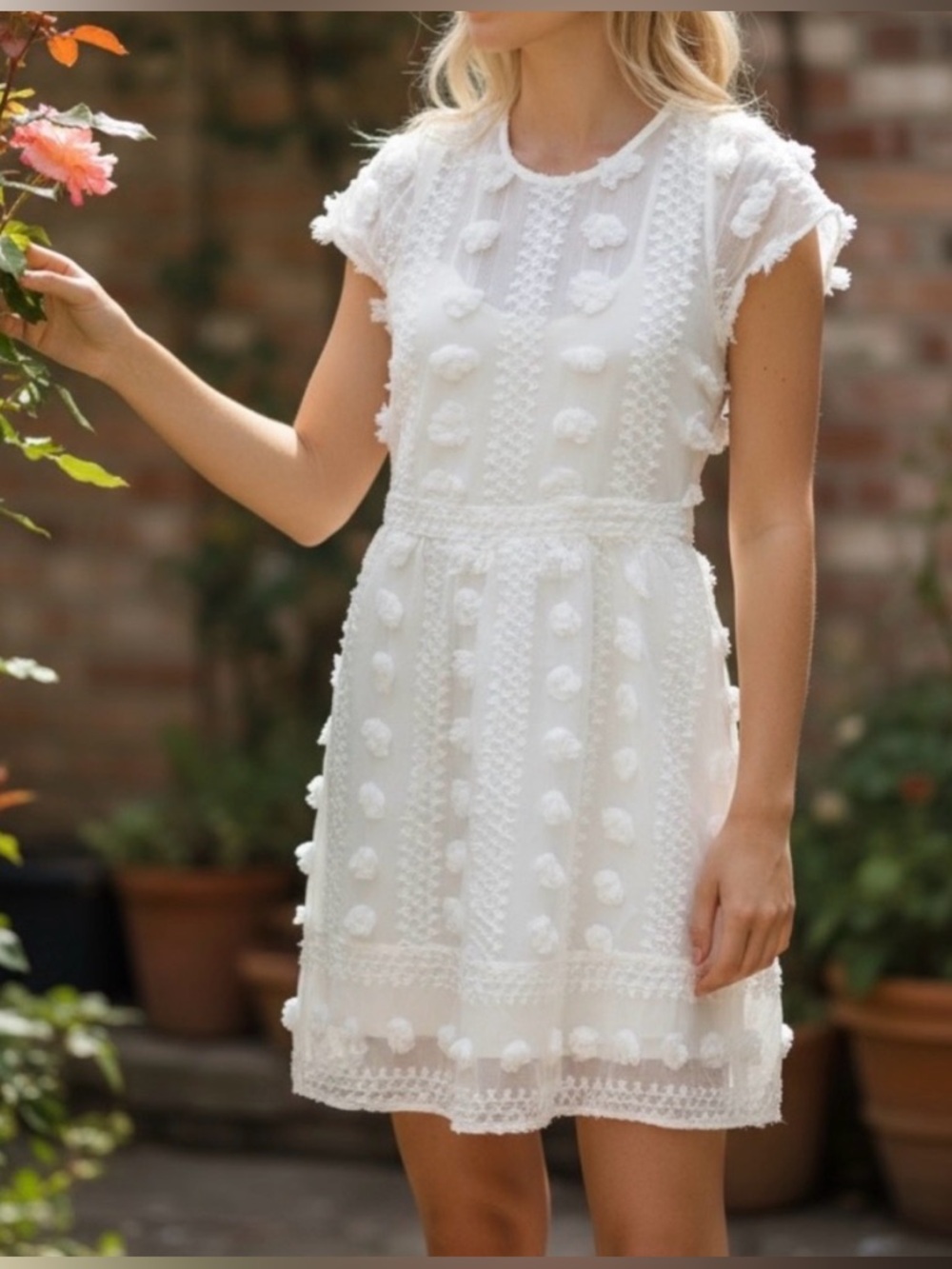 Anthropologie White Textured Pom-Pom Mini Dress